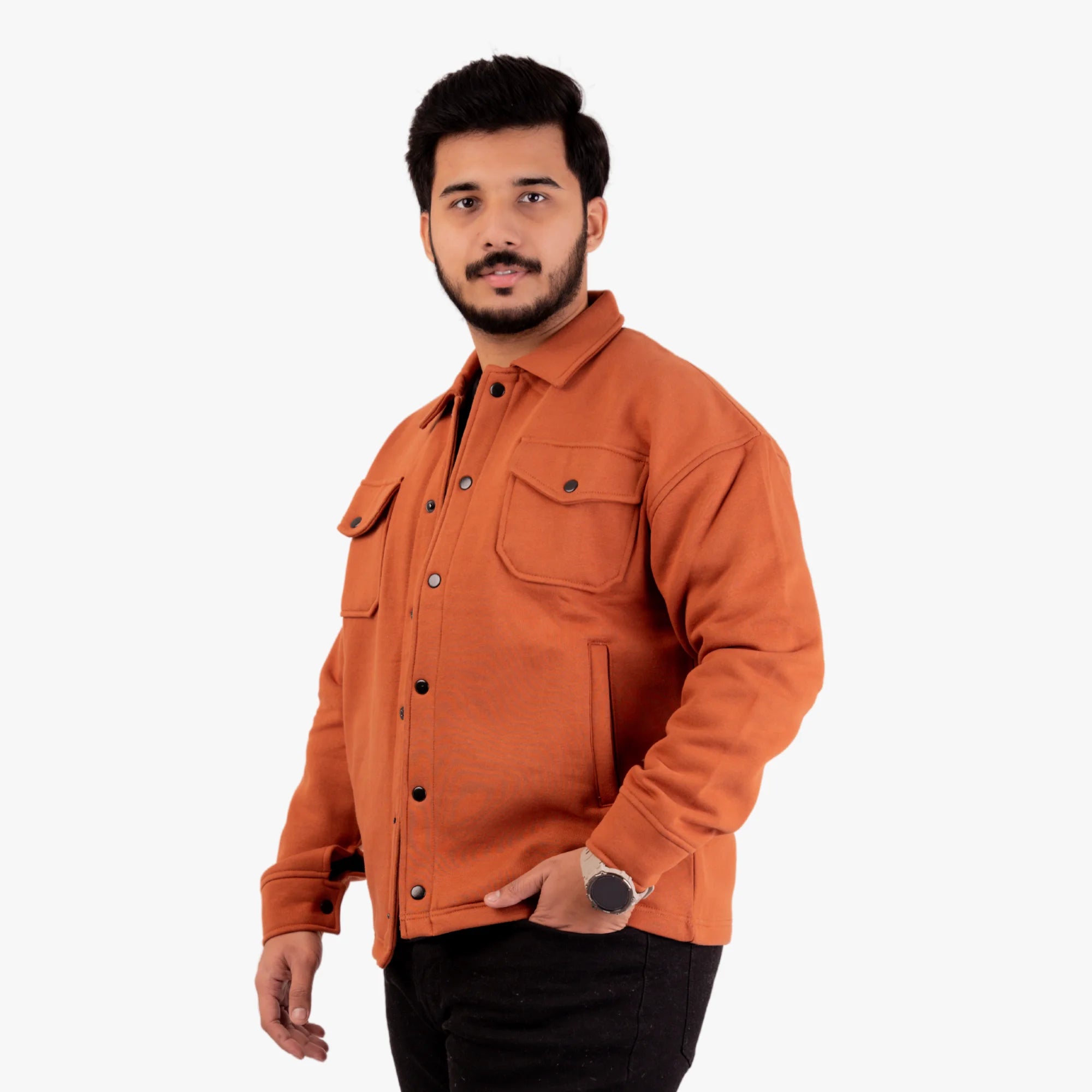 Men's Casual Orange Jacket - Stylish Front Pockets, Snap Button Closure